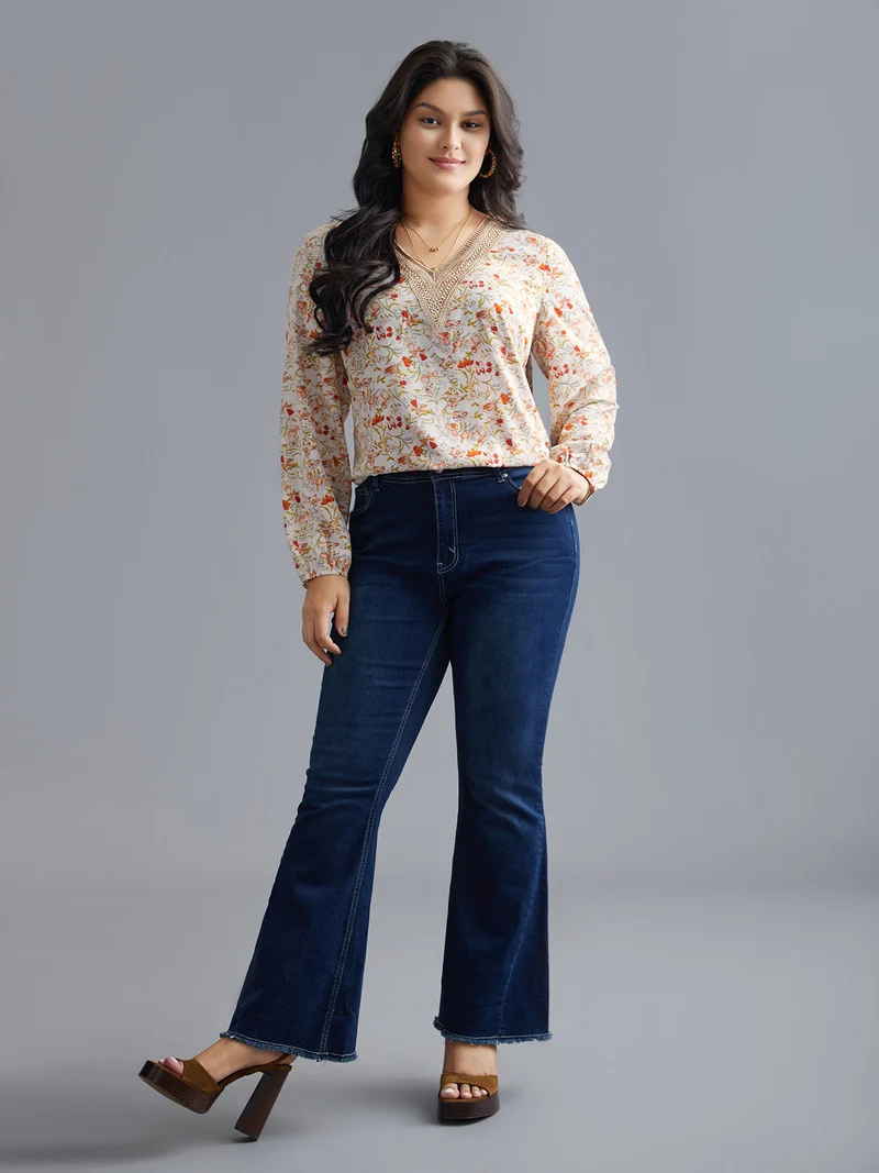 V Neck Ditsy Floral Contrast Webbing Blouse