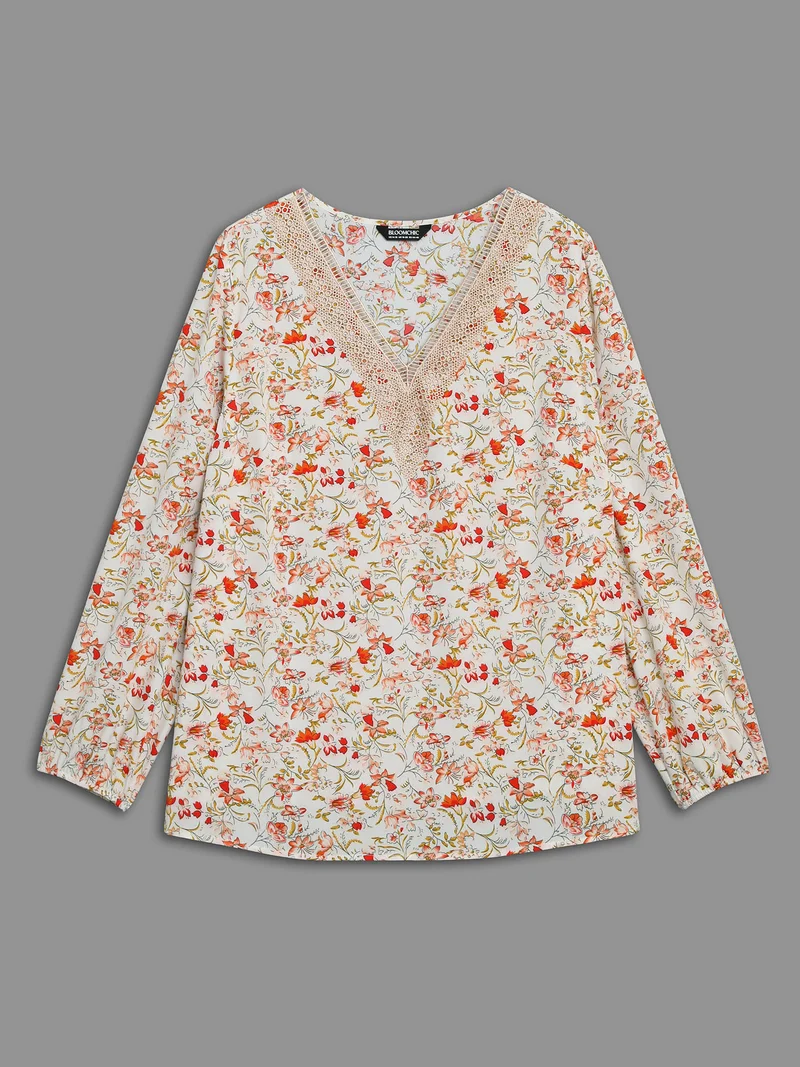 V Neck Ditsy Floral Contrast Webbing Blouse