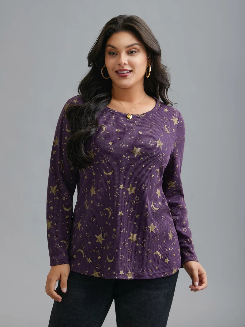 Moon and Star Glitter Textured T-Shirt