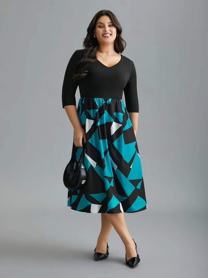 V-Neck Geometric Color Contrast Dress