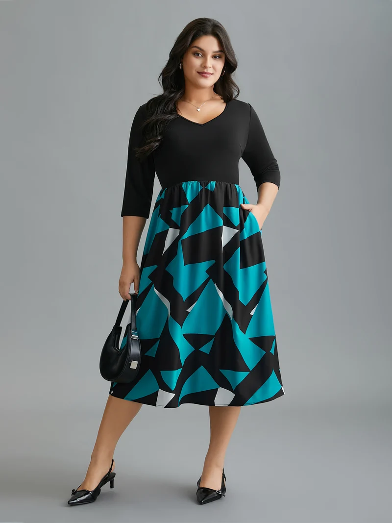 V-Neck Geometric Color Contrast Dress