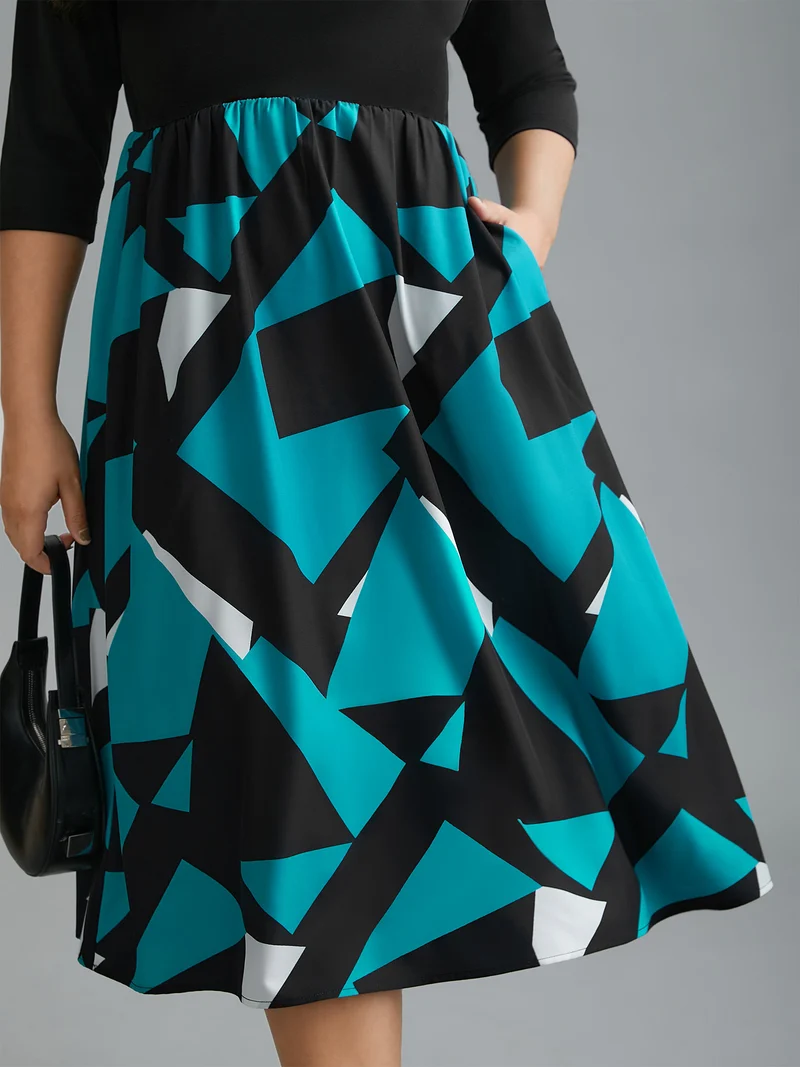V-Neck Geometric Color Contrast Dress