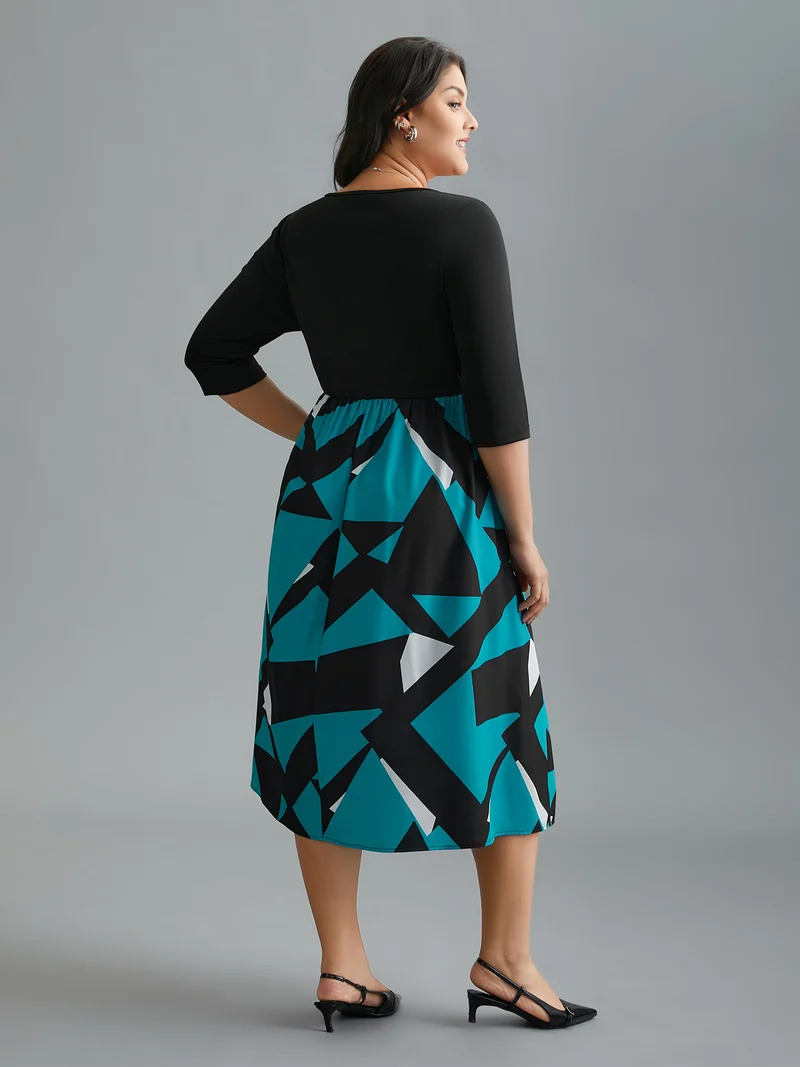 V-Neck Geometric Color Contrast Dress
