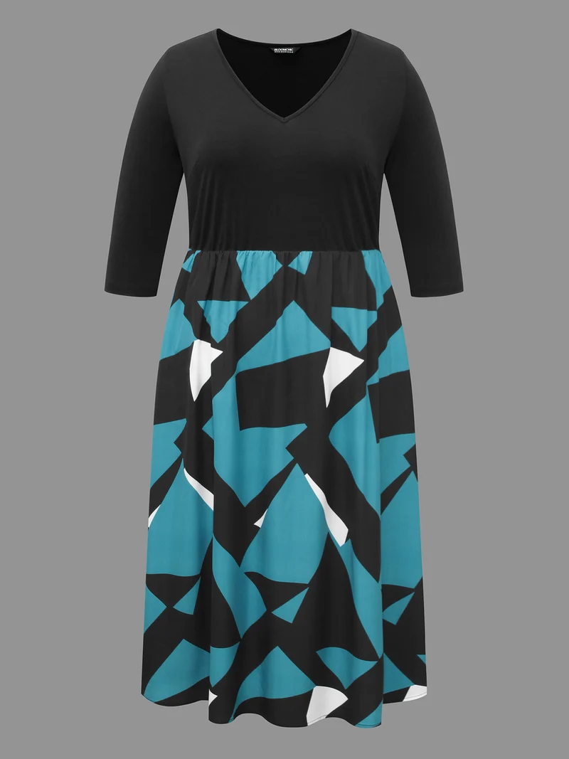 V-Neck Geometric Color Contrast Dress