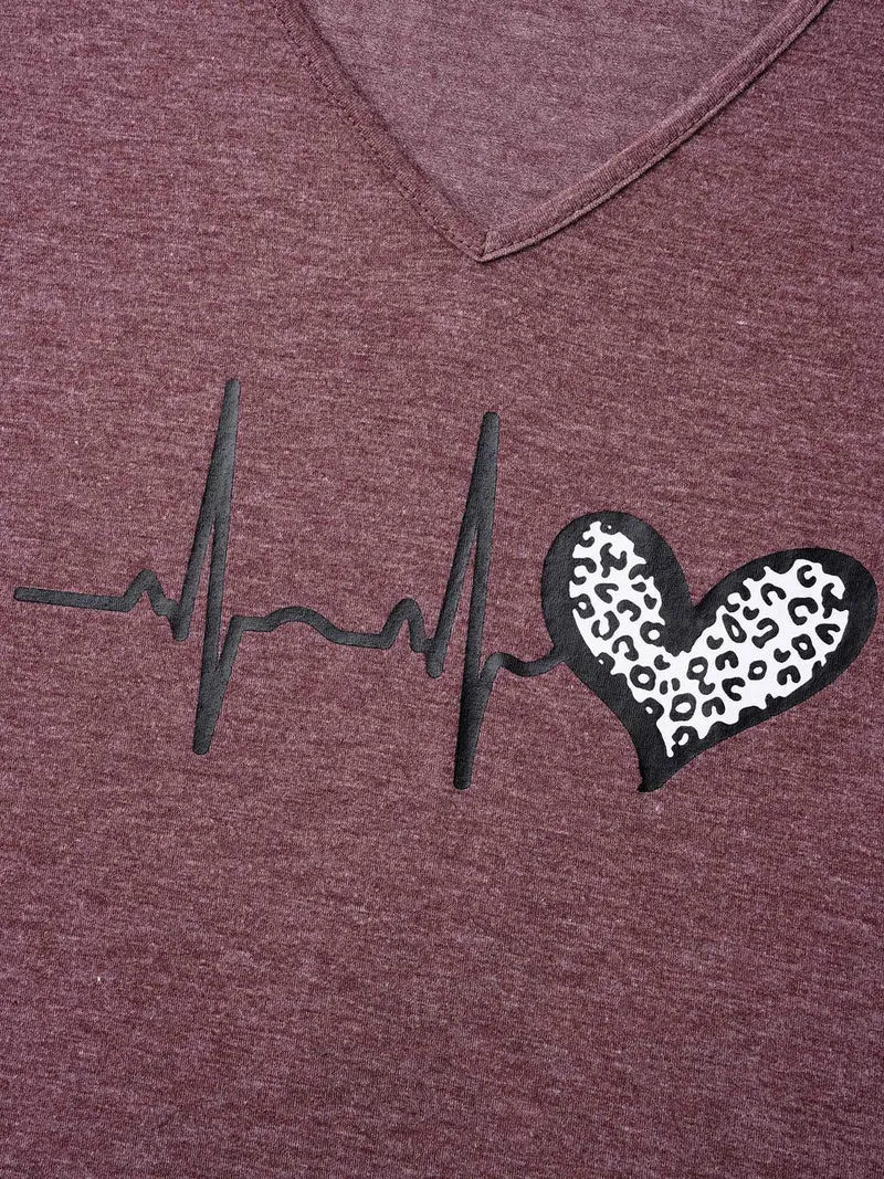 V Neck Heart Print T-Shirt