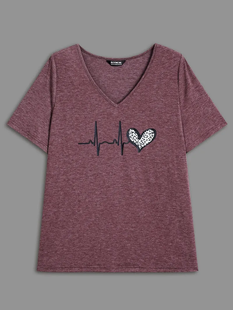 V Neck Heart Print T-Shirt