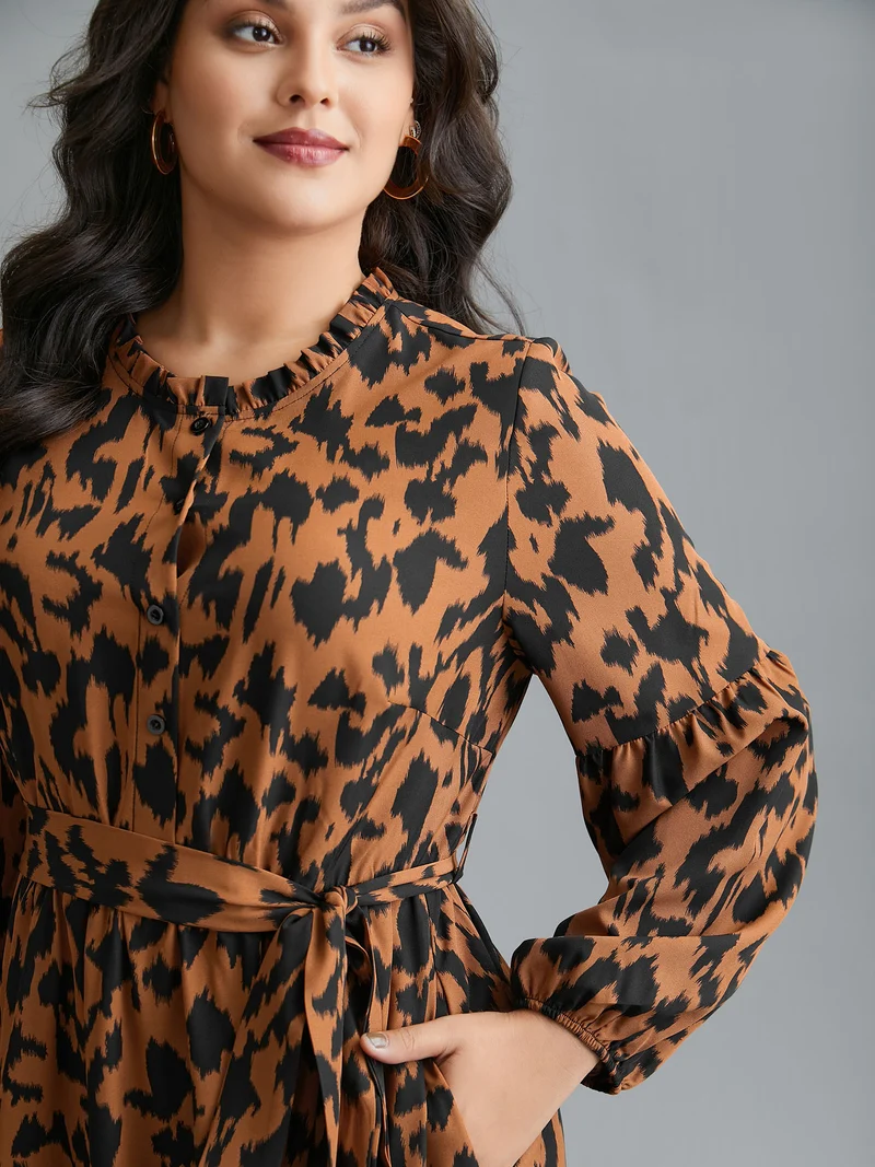 Leopard Print Stretchy Waist Belted Dress