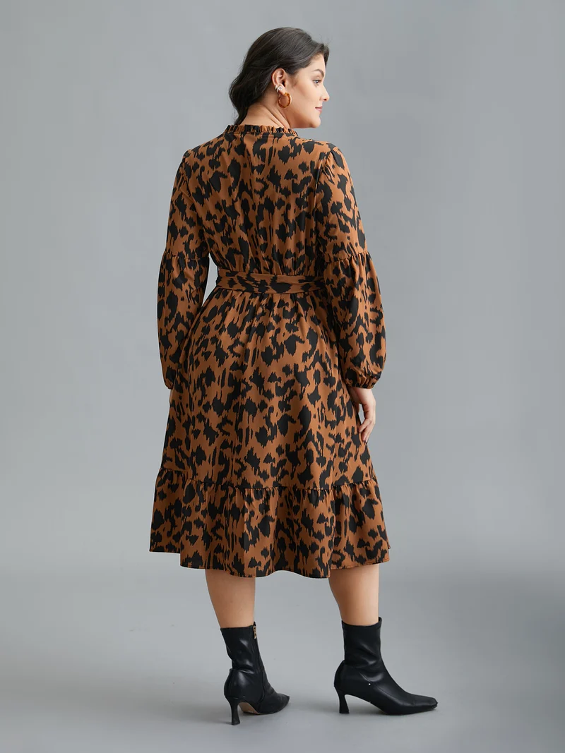Leopard Print Stretchy Waist Belted Dress