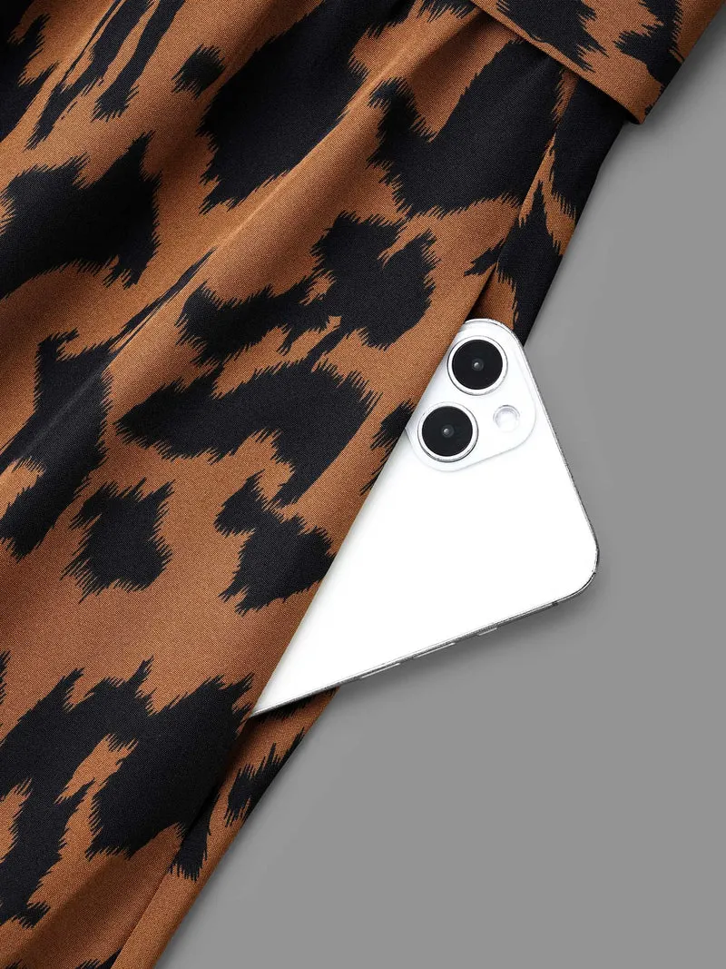 Leopard Print Stretchy Waist Belted Dress