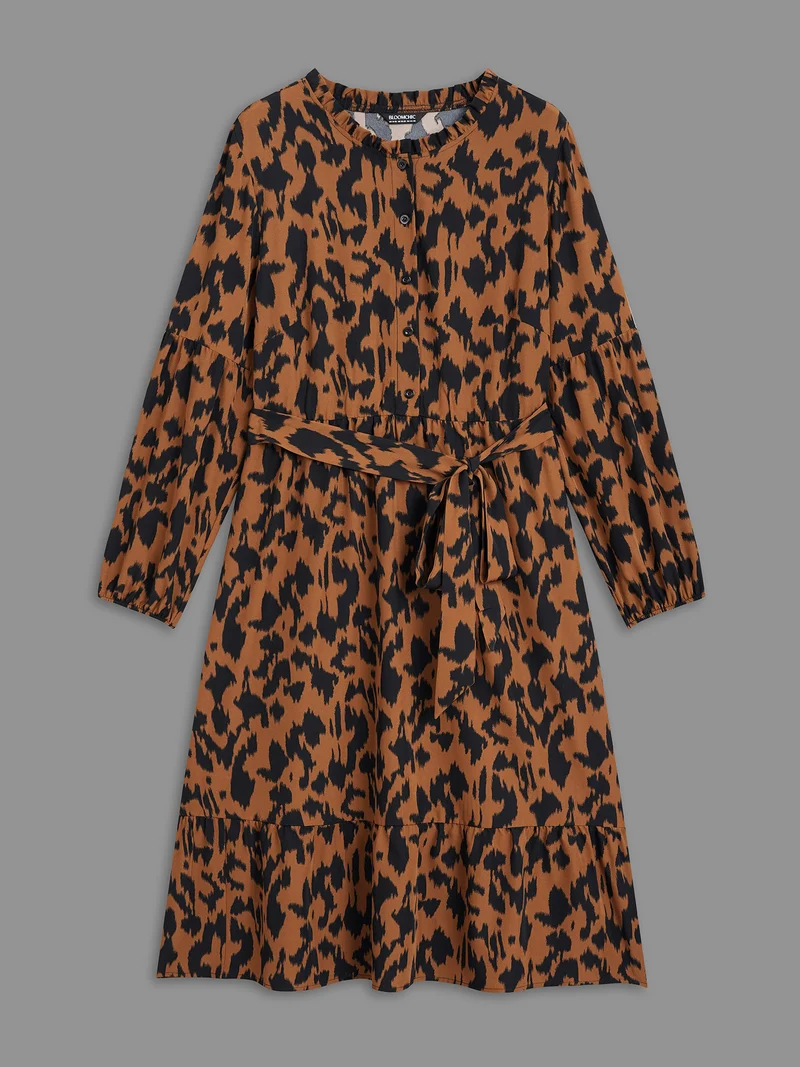 Leopard Print Stretchy Waist Belted Dress