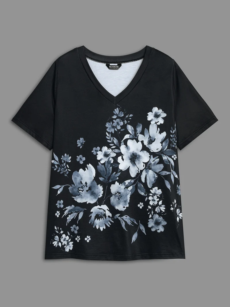 V-Neck Floral Print Fitted T-Shirt