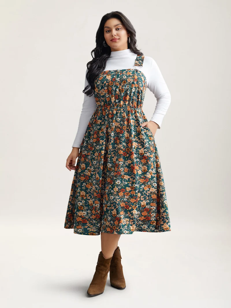 Ditsy Floral Adjustable Straps Elastic Waist Dress