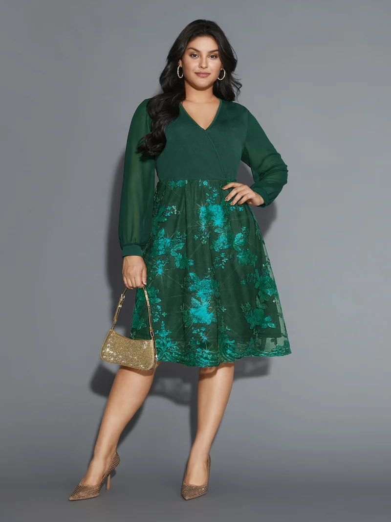 Sequin Overlap Collar Sheer Sleeve Lined Dress