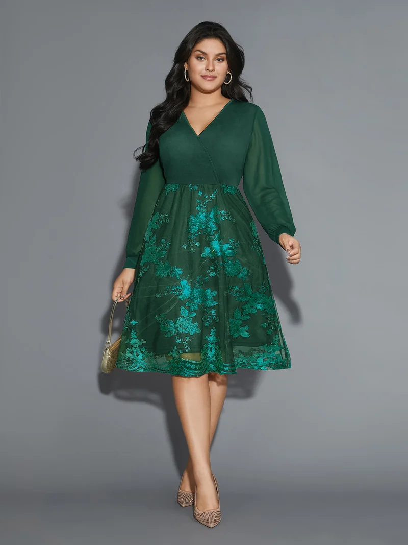 Sequin Overlap Collar Sheer Sleeve Lined Dress