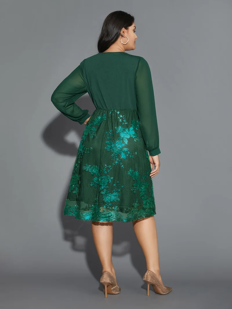 Sequin Overlap Collar Sheer Sleeve Lined Dress