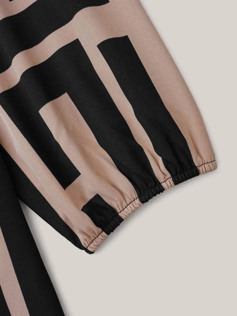 Notched Geometric Colorblock Contrast Blouse
