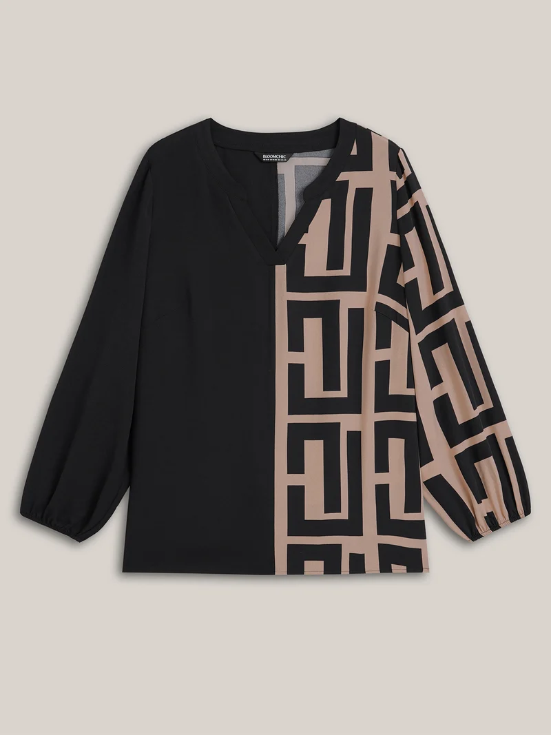 Notched Geometric Colorblock Contrast Blouse