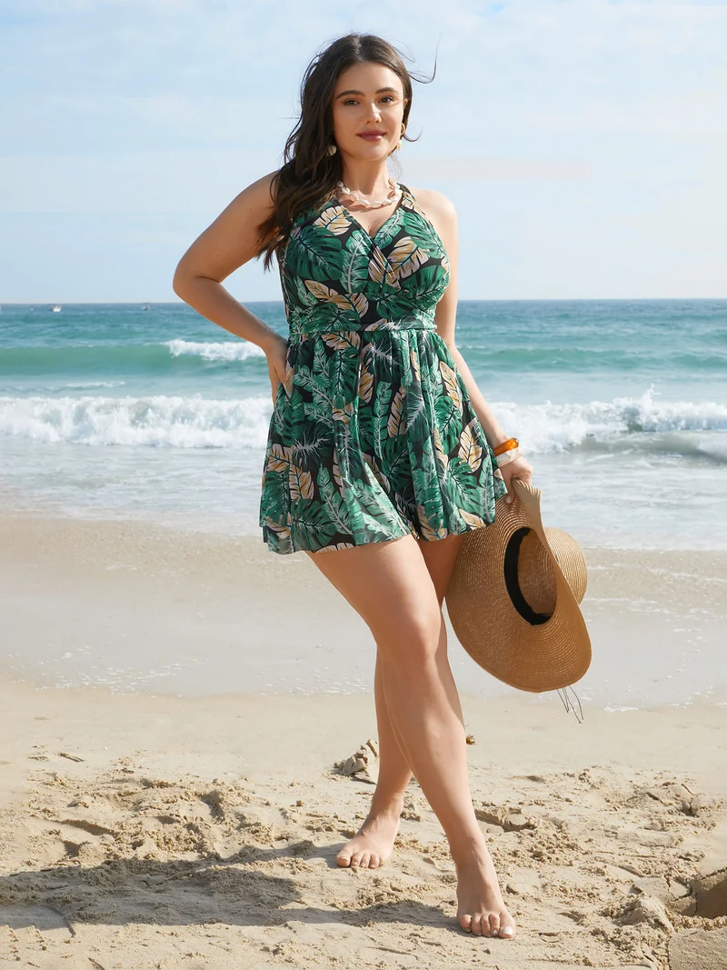 Tropical Print Bust Defining Swim Dress