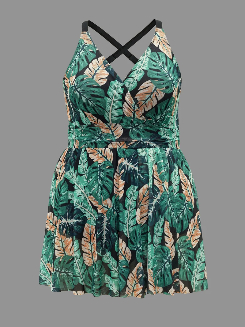 Tropical Print Bust Defining Swim Dress