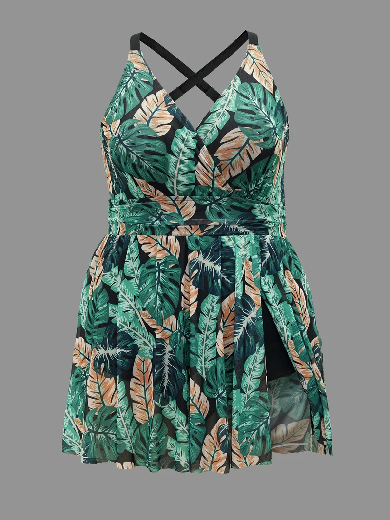 Tropical Print Bust Defining Swim Dress
