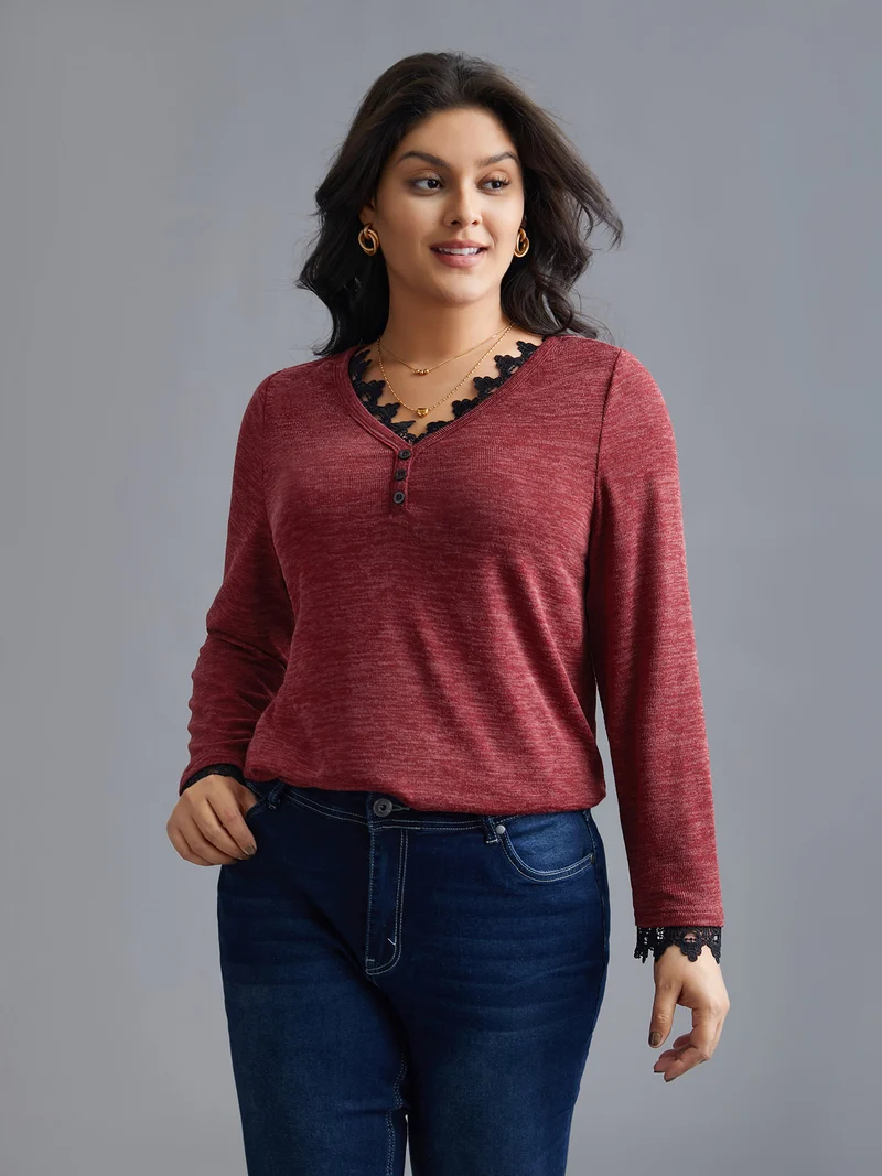 V Neck Lace Trim Stitch Button Detail T-Shirt