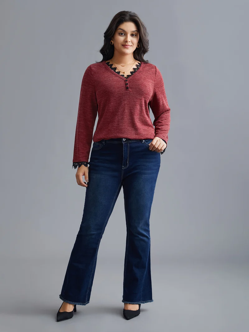 V Neck Lace Trim Stitch Button Detail T-Shirt