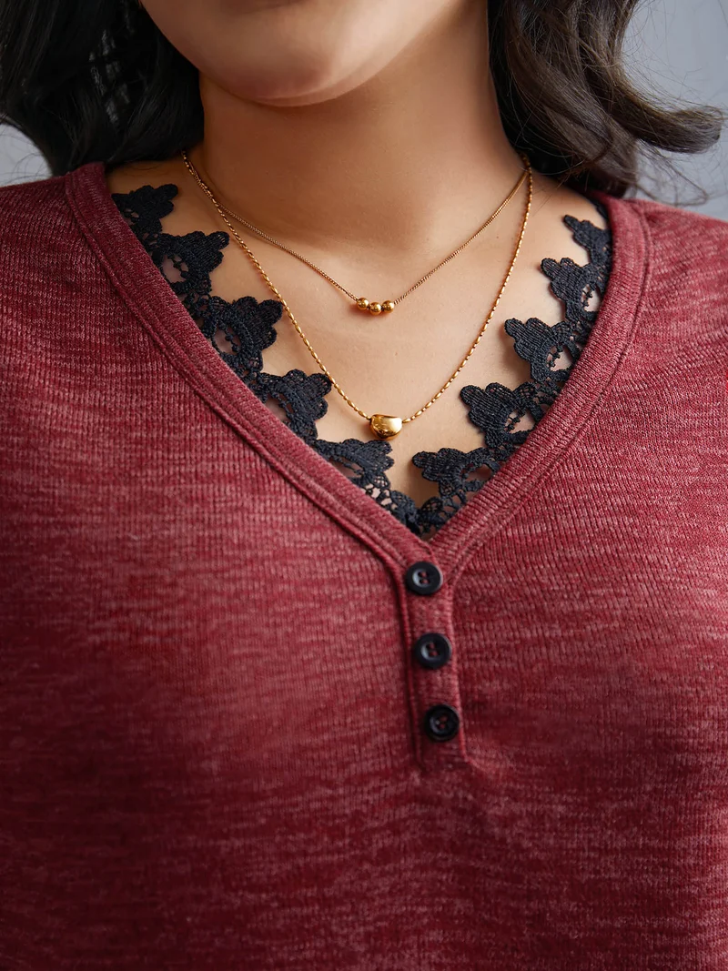 V Neck Lace Trim Stitch Button Detail T-Shirt