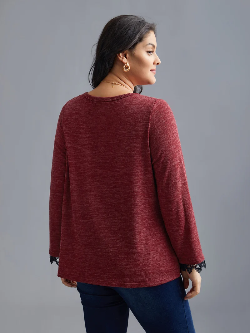 V Neck Lace Trim Stitch Button Detail T-Shirt