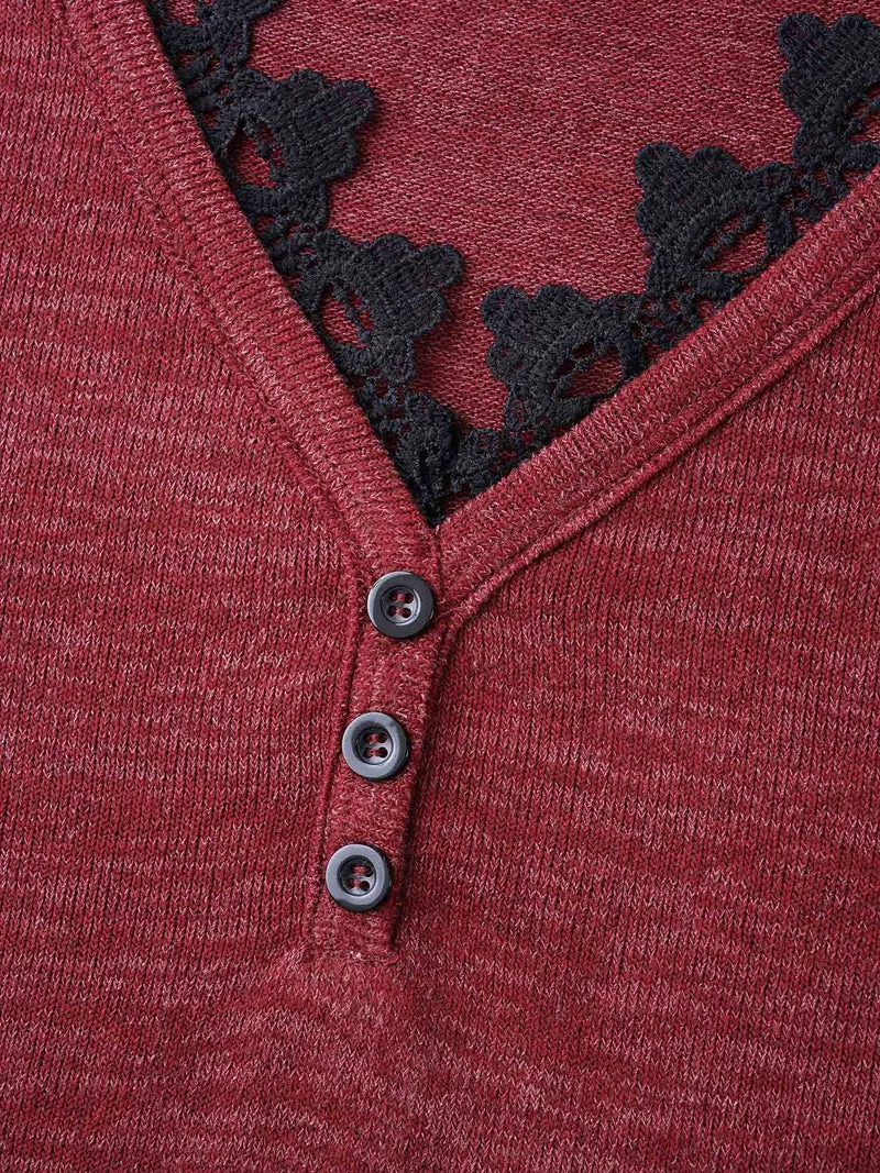 V Neck Lace Trim Stitch Button Detail T-Shirt