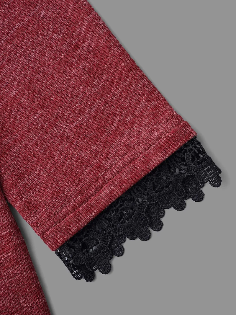 V Neck Lace Trim Stitch Button Detail T-Shirt