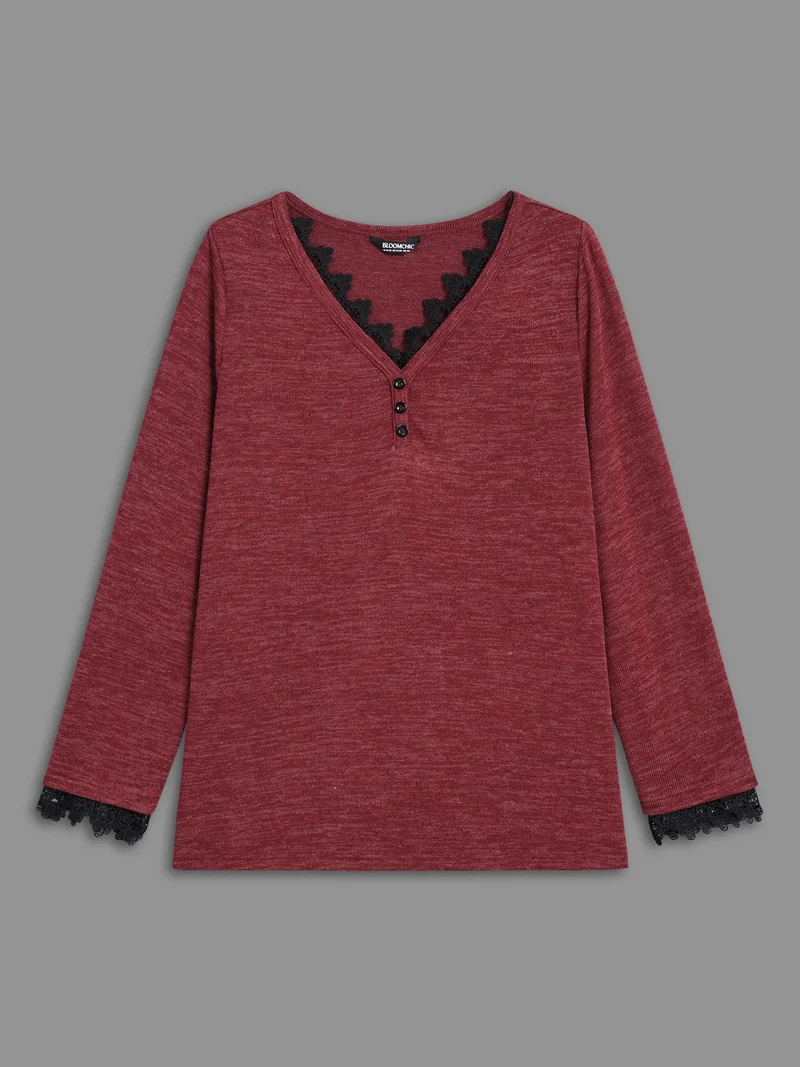 V Neck Lace Trim Stitch Button Detail T-Shirt