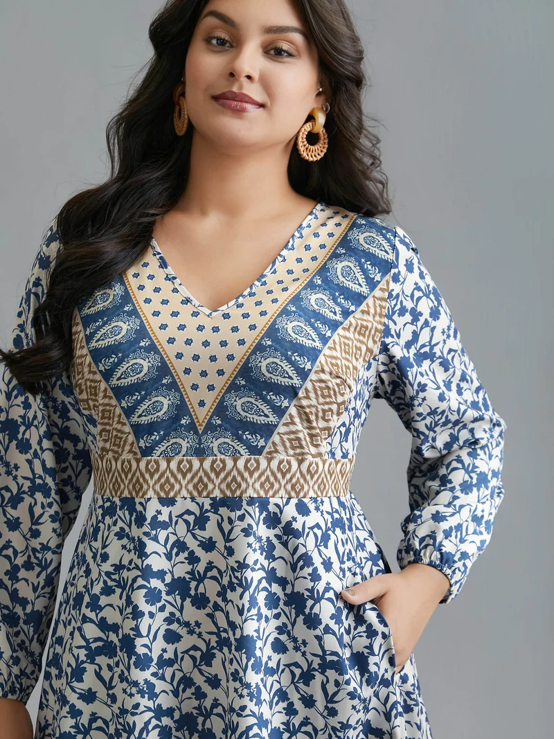 Boho Print V-Neck Waist Cinched Midi Dress