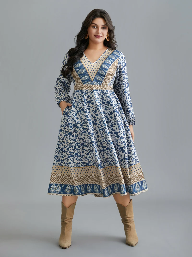 Boho Print V-Neck Waist Cinched Midi Dress
