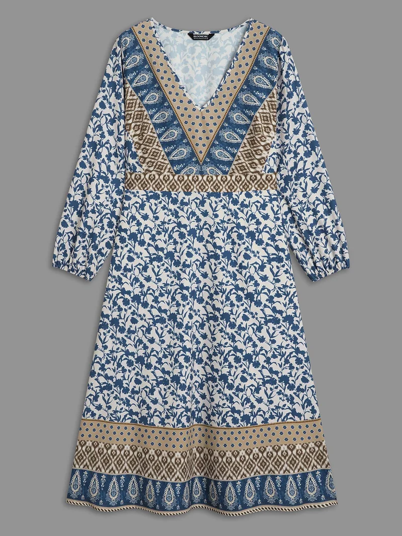 Boho Print V-Neck Waist Cinched Midi Dress