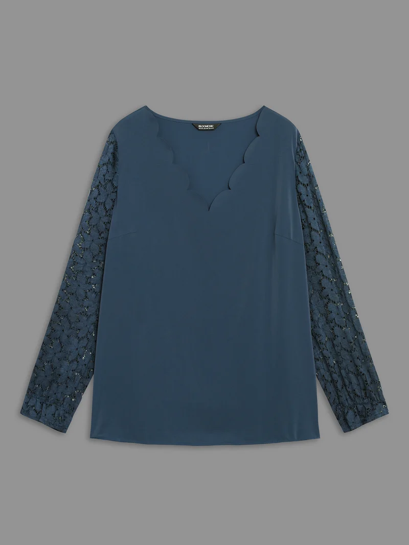 Sheer Floral Sleeve Scalloped Neck Shirt