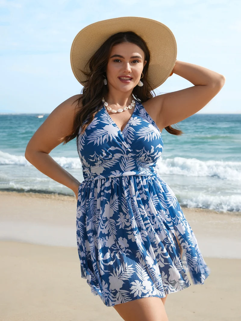 Tropical Print Adjustable Slit Swim Dress