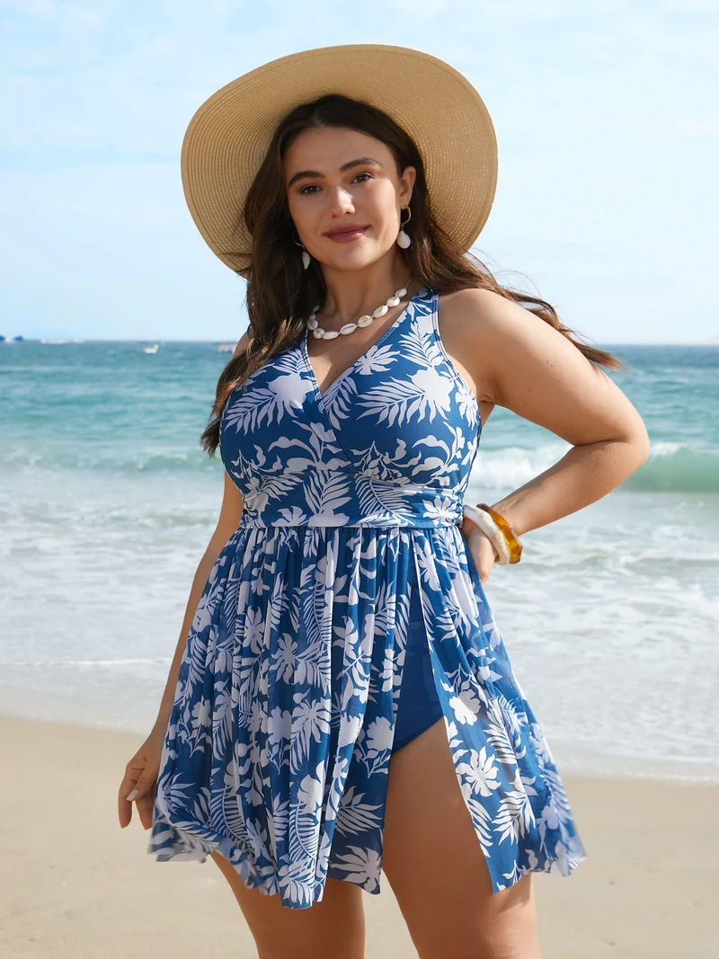 Tropical Print Adjustable Slit Swim Dress