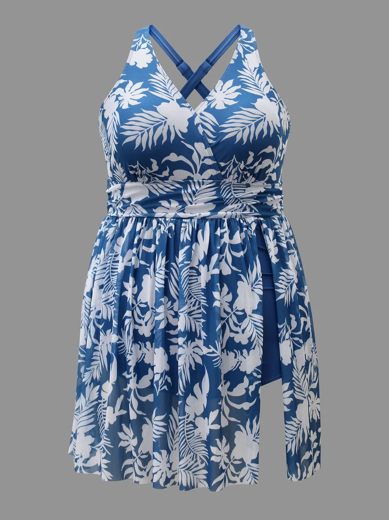Tropical Print Adjustable Slit Swim Dress
