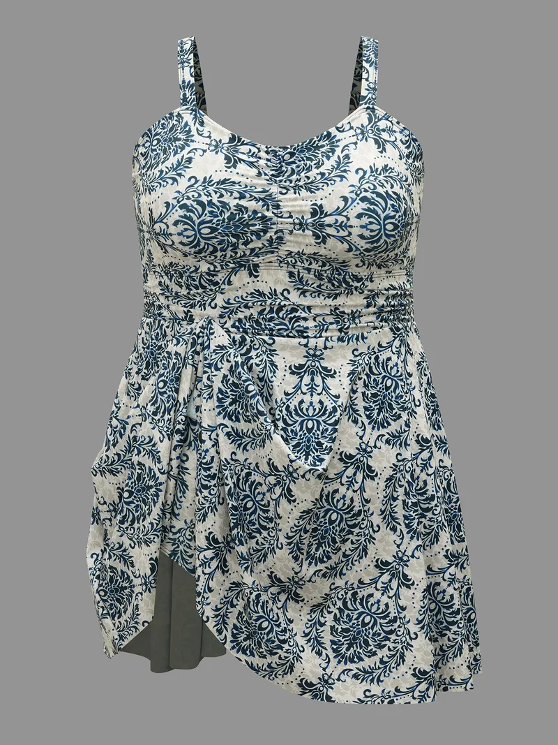 Boho Print Heart Neckline Gathered Swim Dress
