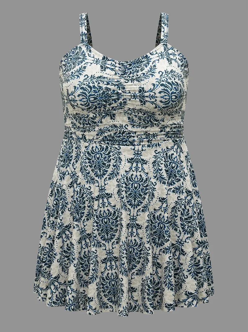 Boho Print Heart Neckline Gathered Swim Dress