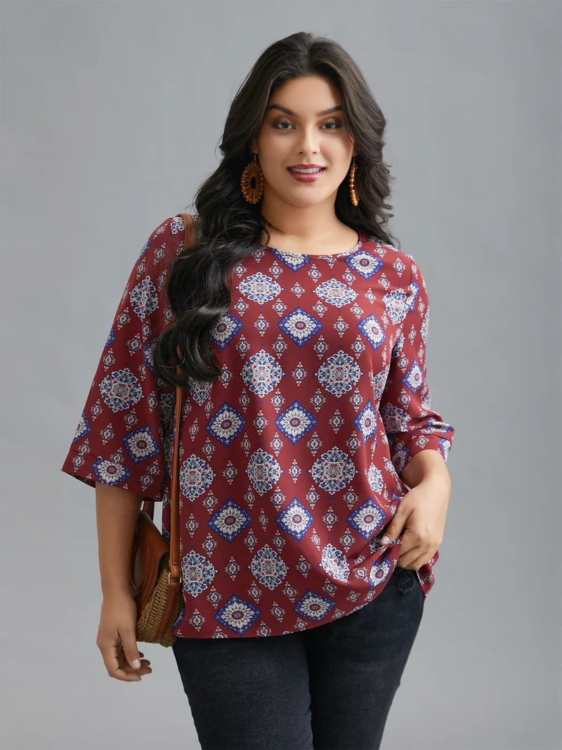 Round Neck Bandana Print Blouse