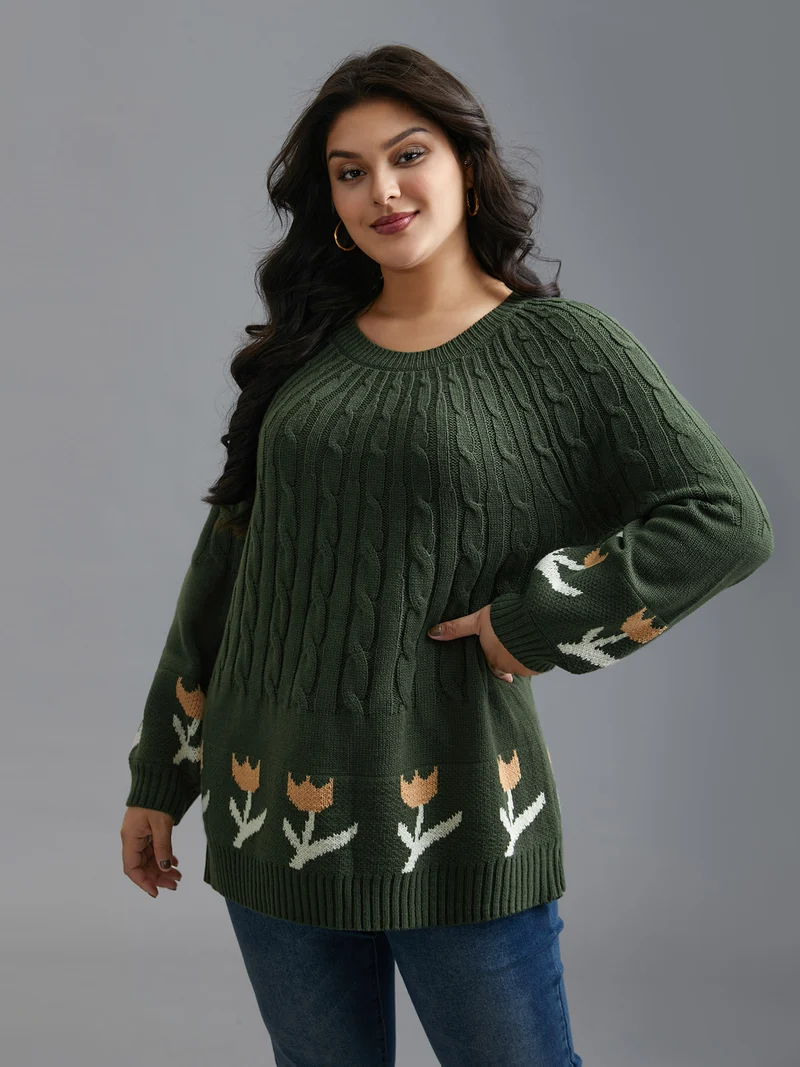 Cable Knit Floral Ribbed Hem Pullover