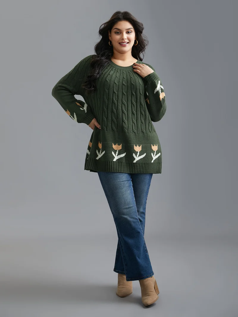 Cable Knit Floral Ribbed Hem Pullover