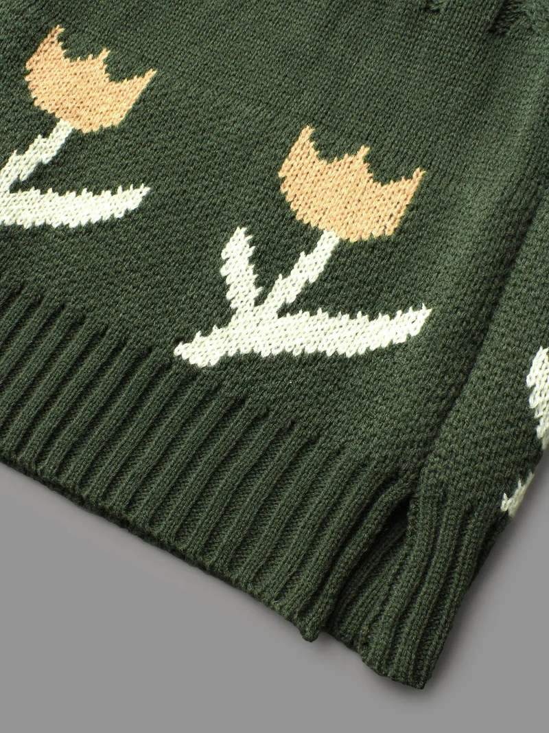 Cable Knit Floral Ribbed Hem Pullover