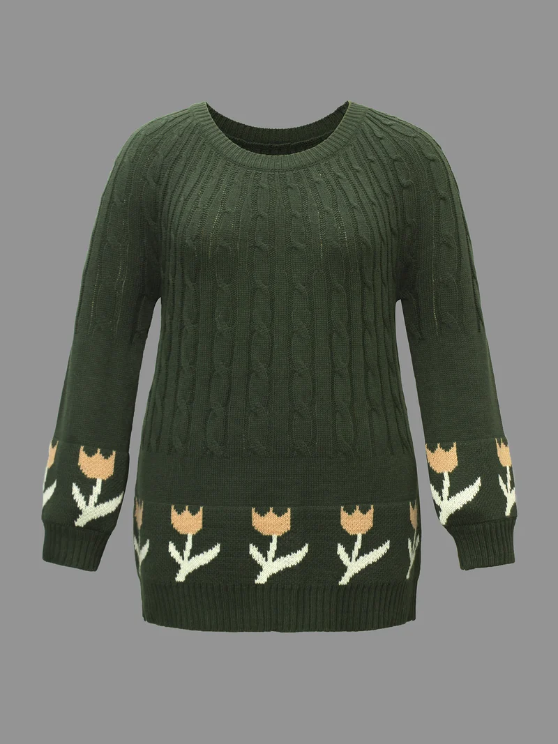 Cable Knit Floral Ribbed Hem Pullover