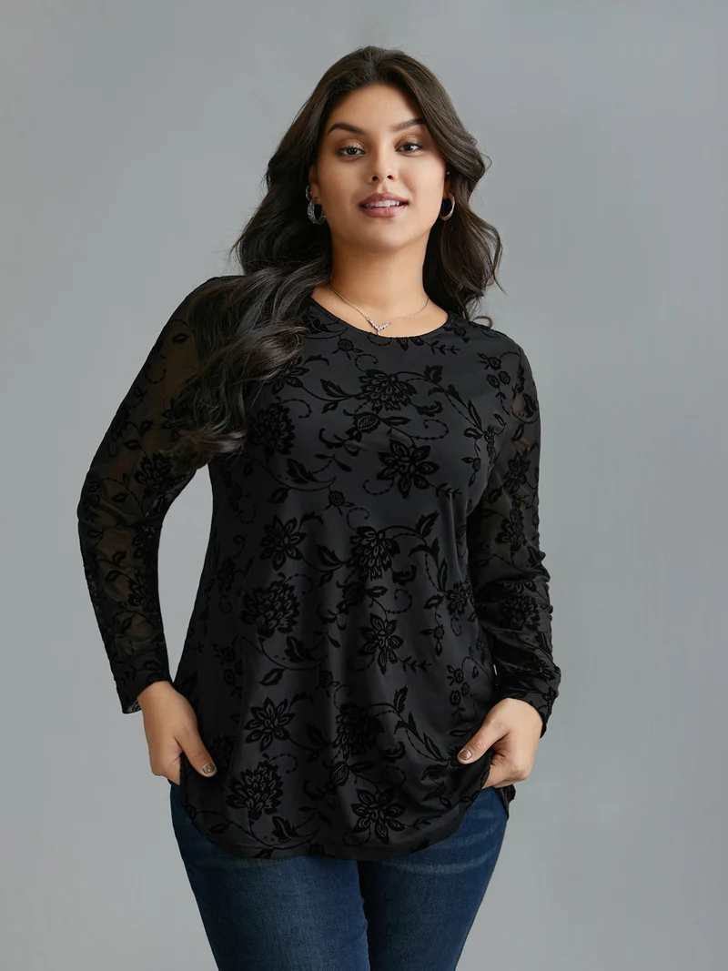 Floral Flocking Sheer Sleeve Lined Knit Top