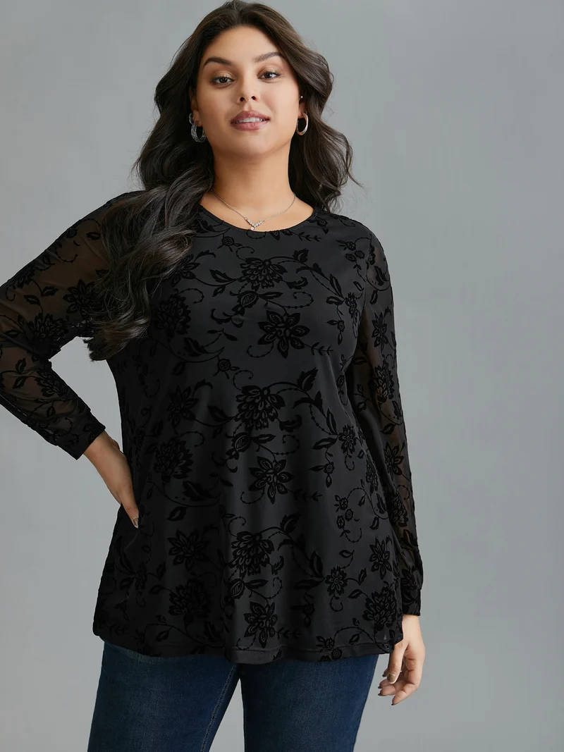 Floral Flocking Sheer Sleeve Lined Knit Top