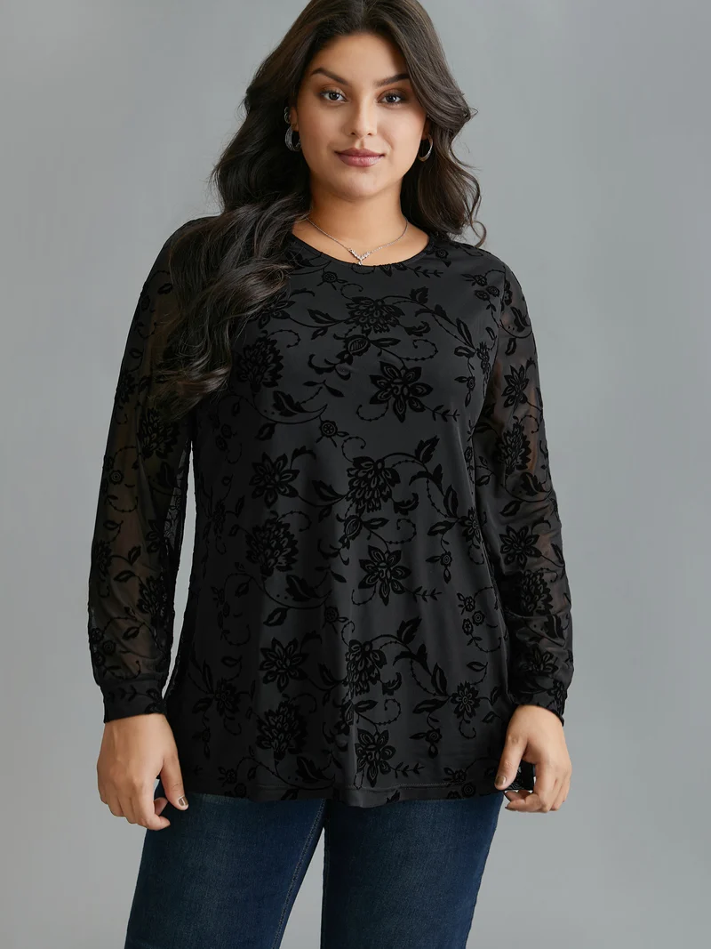 Floral Flocking Sheer Sleeve Lined Knit Top