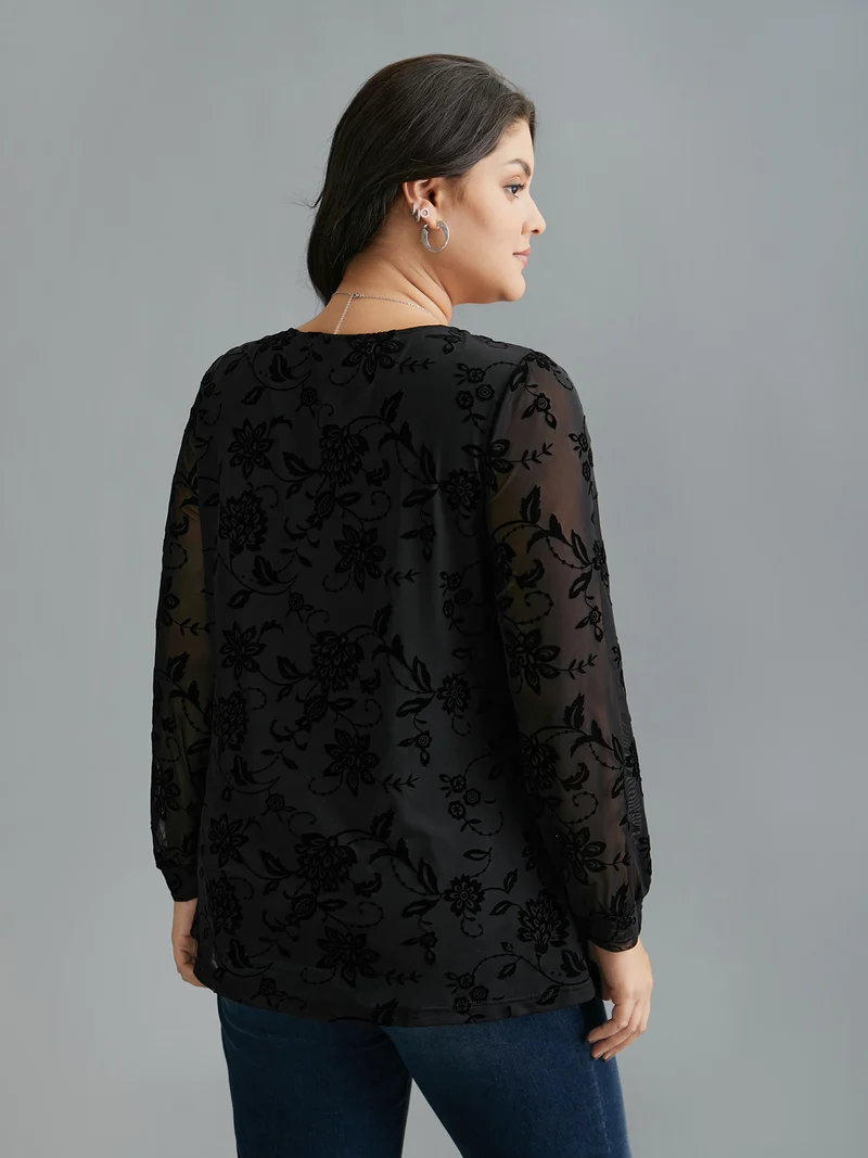 Floral Flocking Sheer Sleeve Lined Knit Top