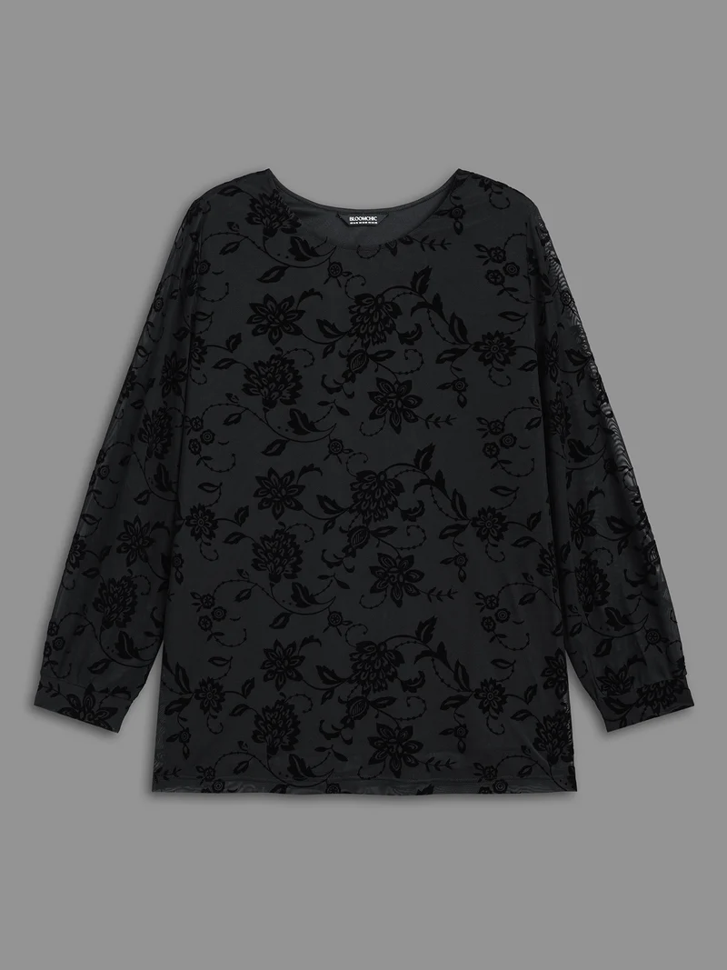 Floral Flocking Sheer Sleeve Lined Knit Top